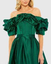 Green Off The Shoulder Tea Length Dress